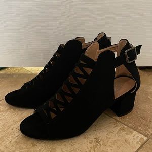 Forever Black Block Heel Bootie Lattice Front